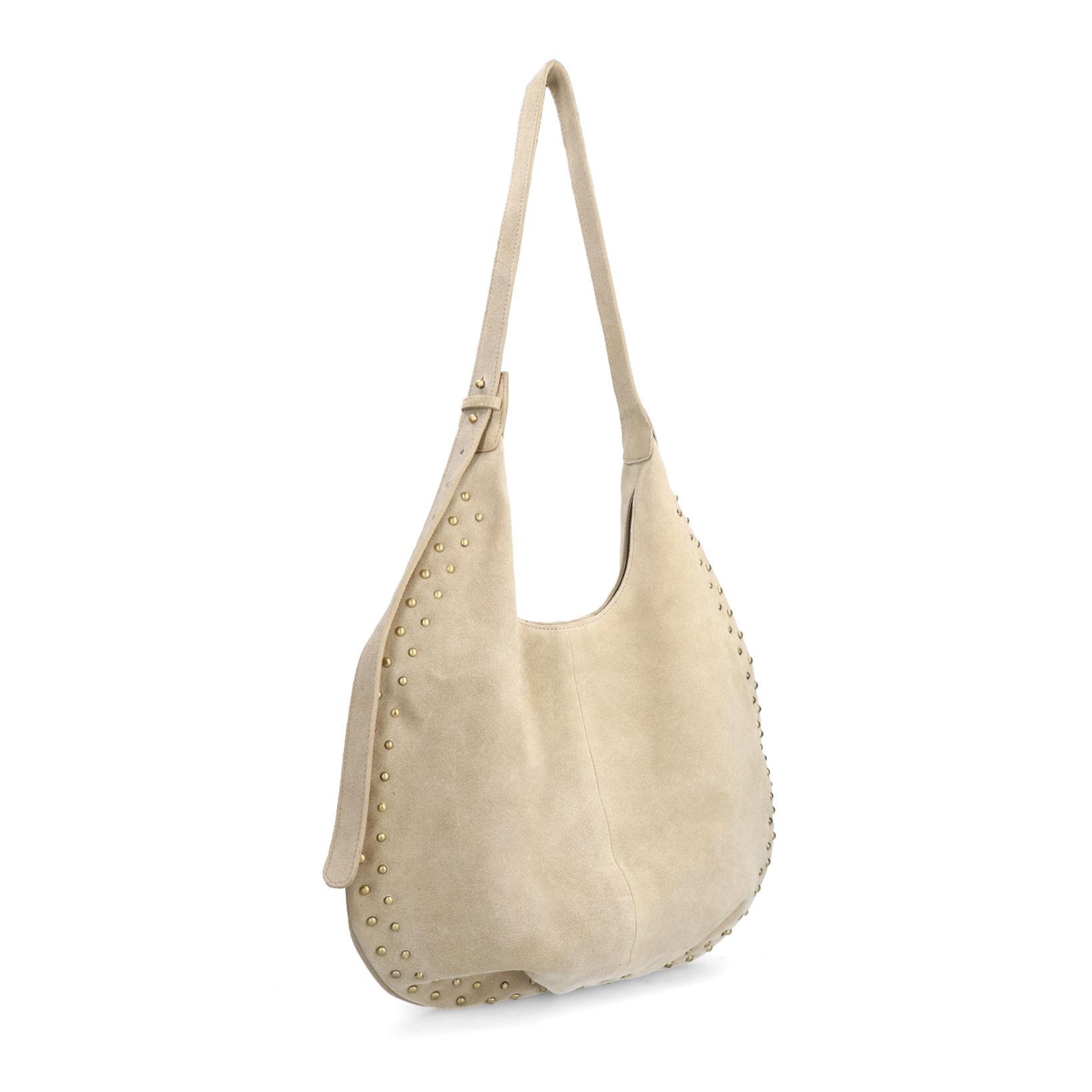 Beigefarbene Veloursleder-Schultertasche mit Nieten
