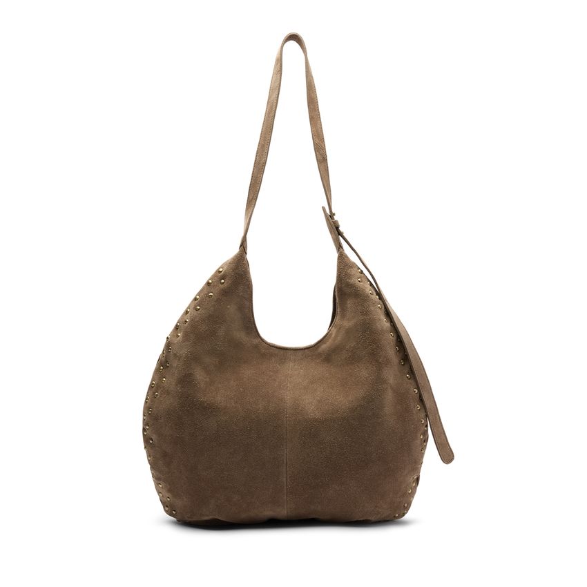 Taupe suède schoudertas met studs