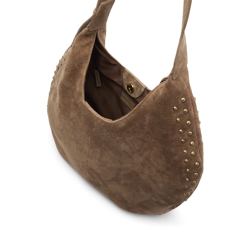 Taupe suède schoudertas met studs