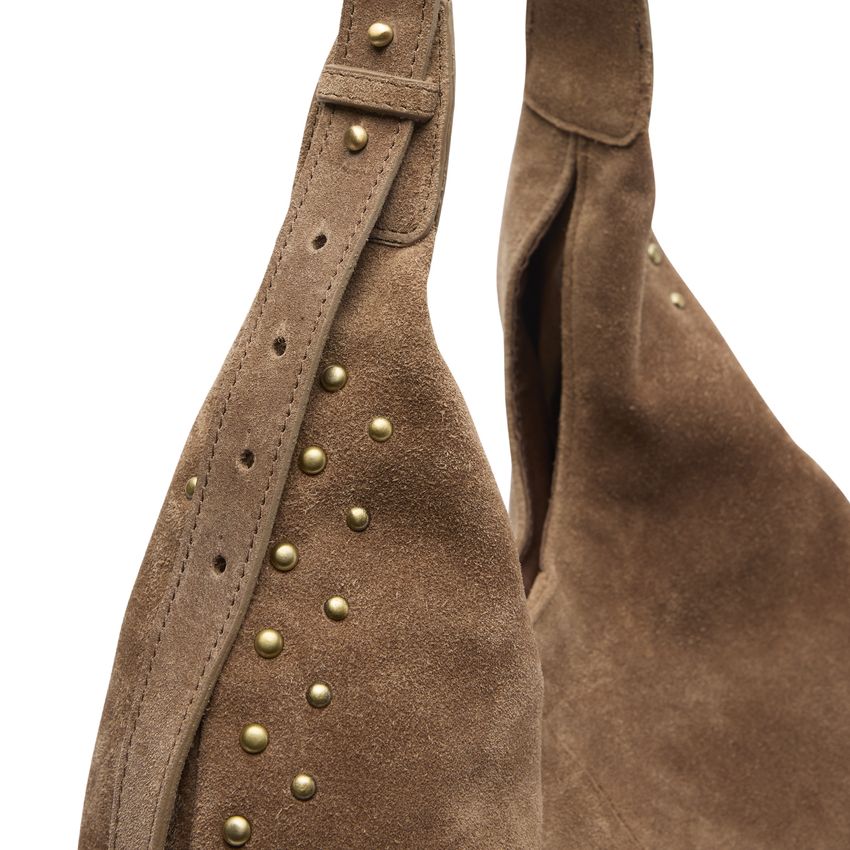 Taupe suède schoudertas met studs