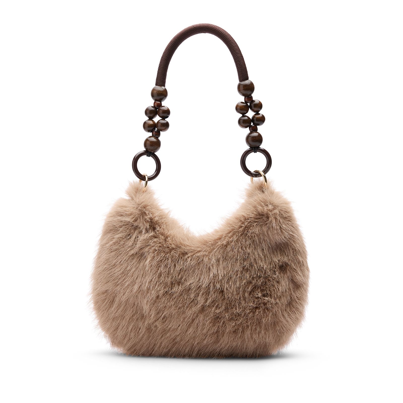 Taupe fur schoudertas met kralen