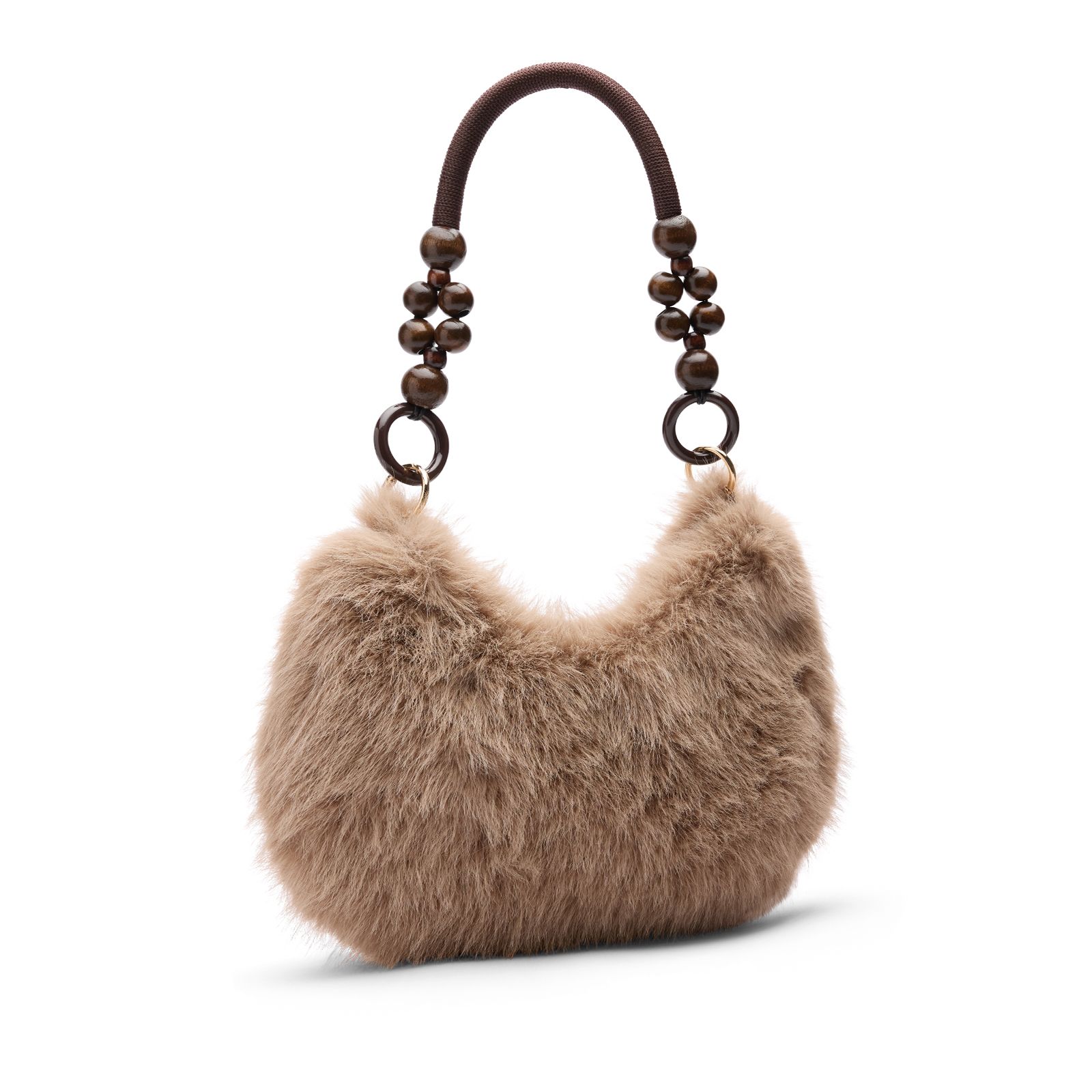 Taupe fur schoudertas met kralen