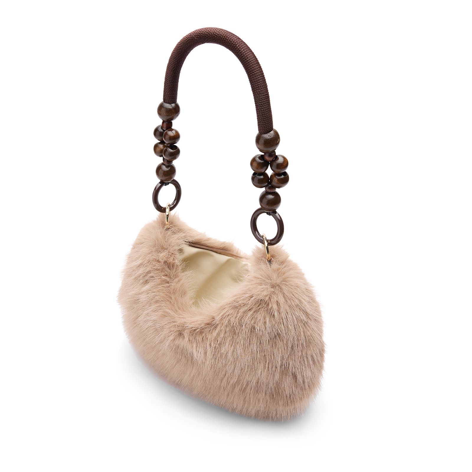 Taupe fur schoudertas met kralen