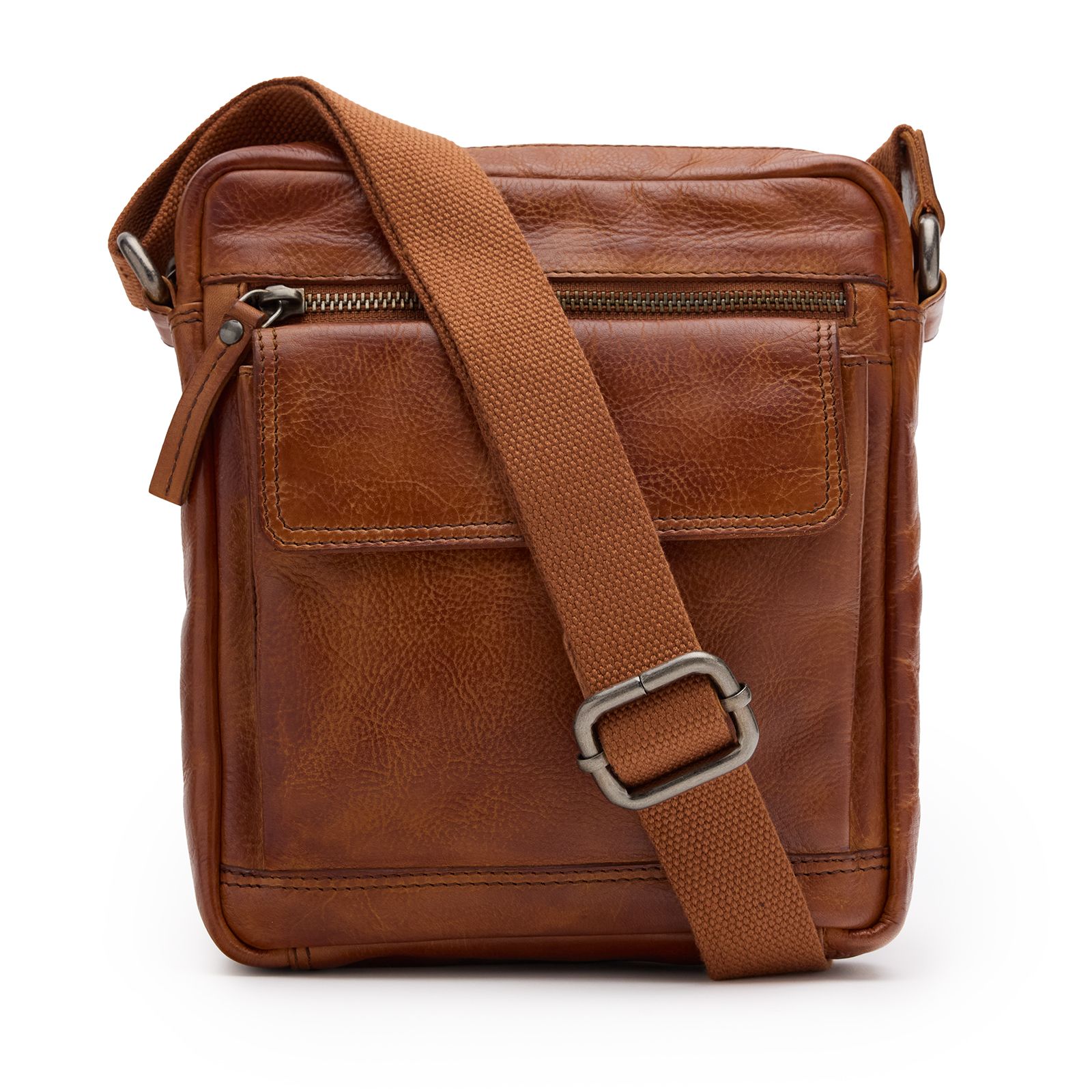 Cognacfarbene Unisex-Schultertasche aus Leder