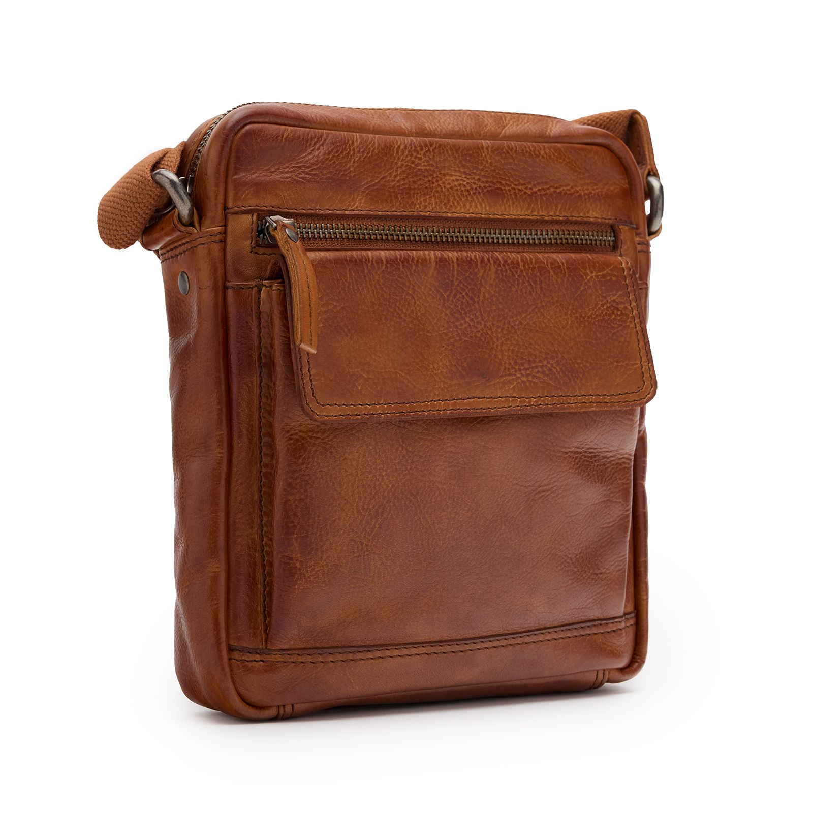 Cognacfarbene Unisex-Schultertasche aus Leder