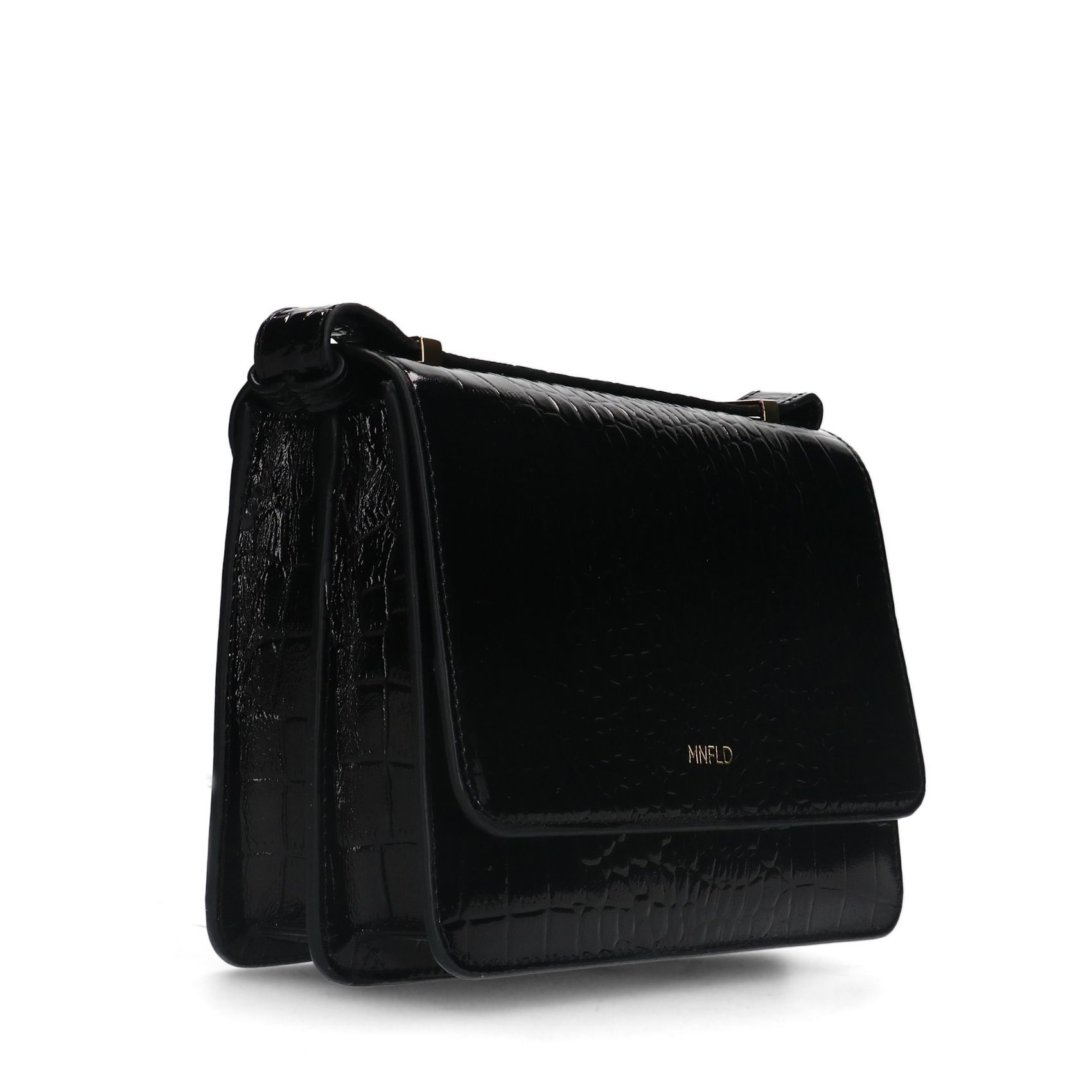 Schwarze Schultertasche aus Lackleder mit Krokomuster