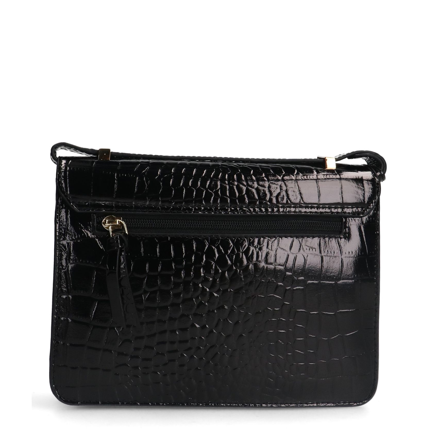 Schwarze Schultertasche aus Lackleder mit Krokomuster