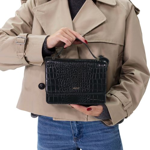 Schwarze Schultertasche aus Lackleder mit Krokomuster