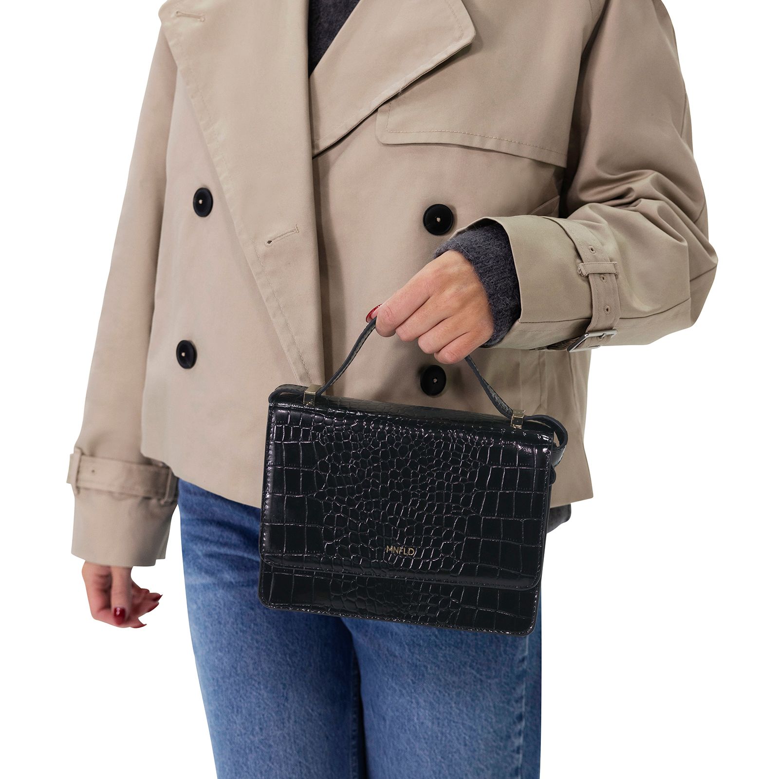 Schwarze Schultertasche aus Lackleder mit Krokomuster