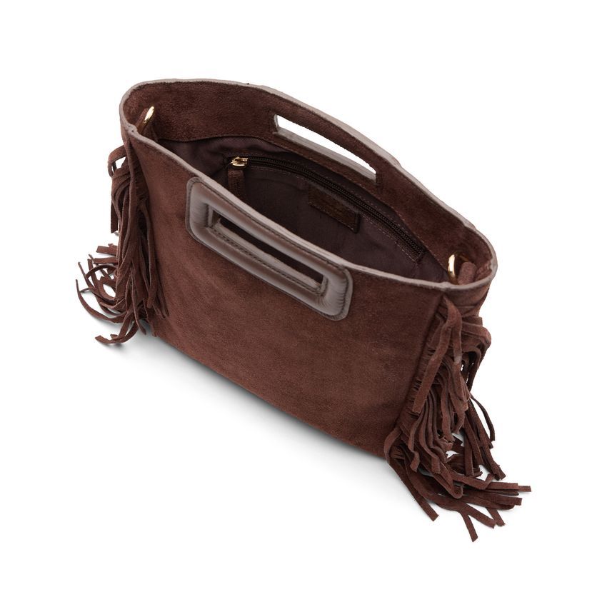 Donkerbruine suède handtas met franjes