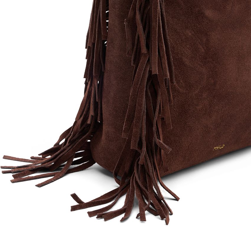 Donkerbruine suède handtas met franjes