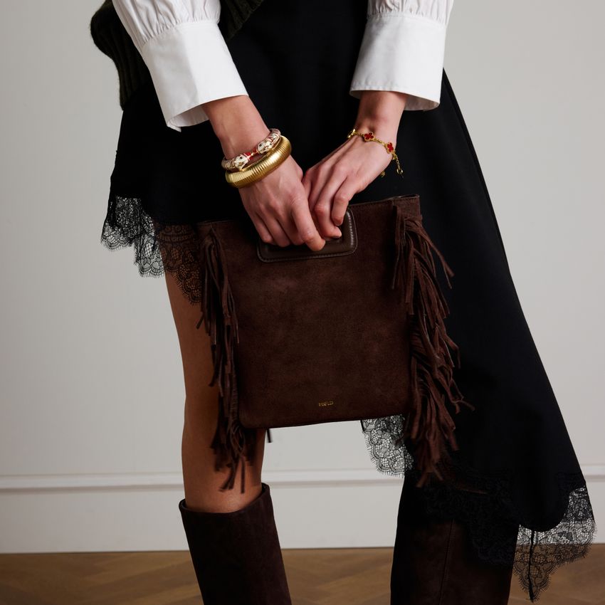 Donkerbruine suède handtas met franjes