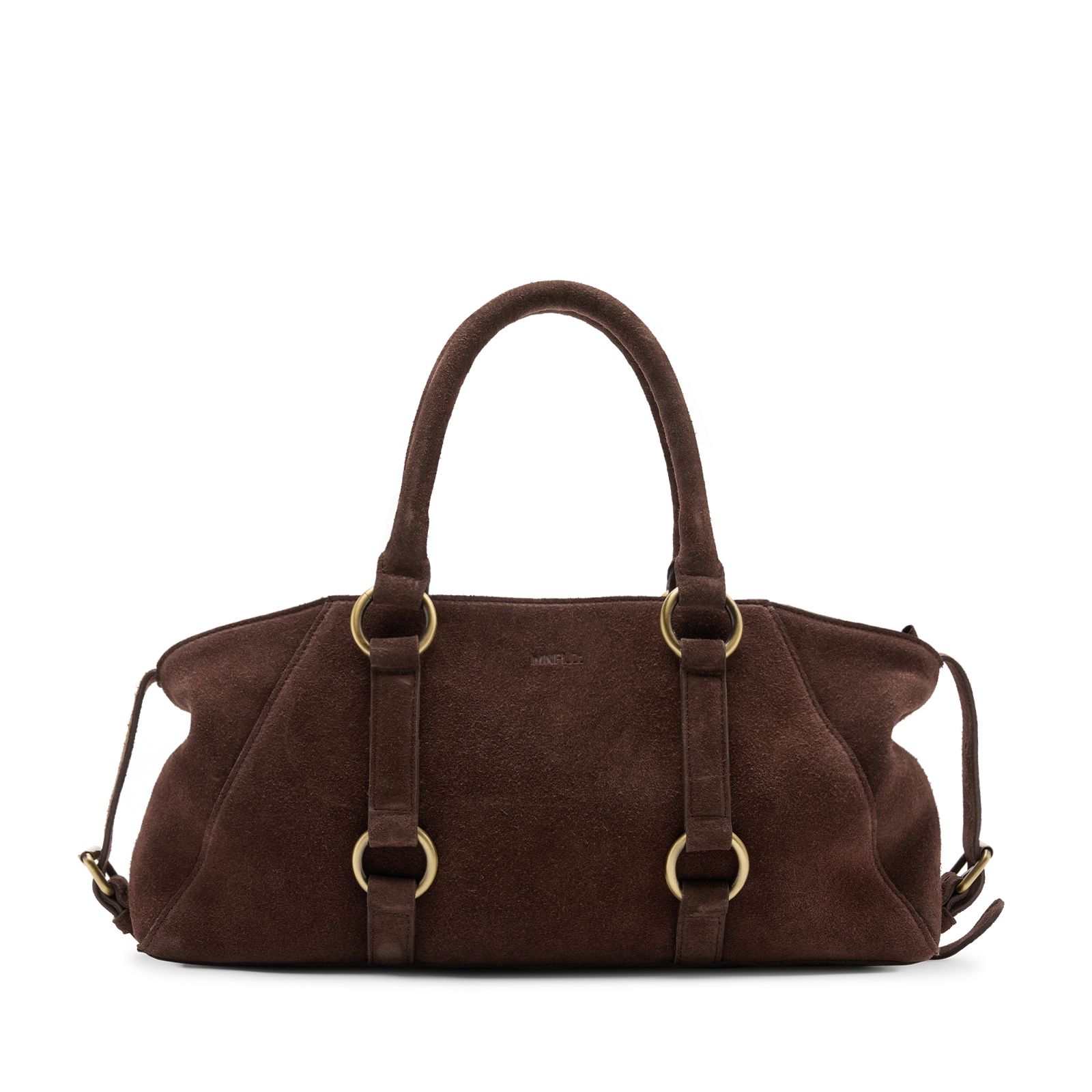 Dunkelbraune Veloursleder-Handtasche mit goldfarbenen Ringen