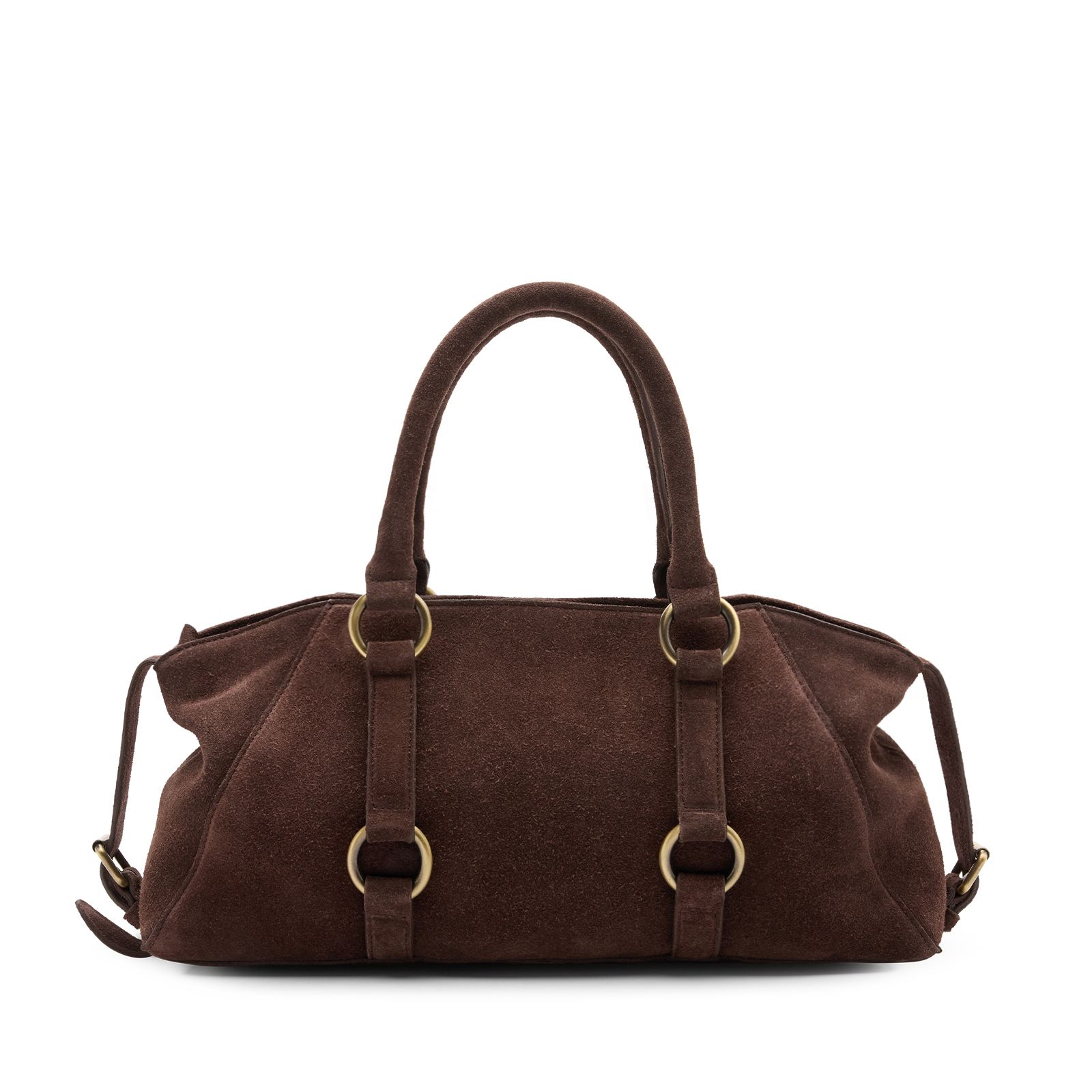 Dunkelbraune Veloursleder-Handtasche mit goldfarbenen Ringen