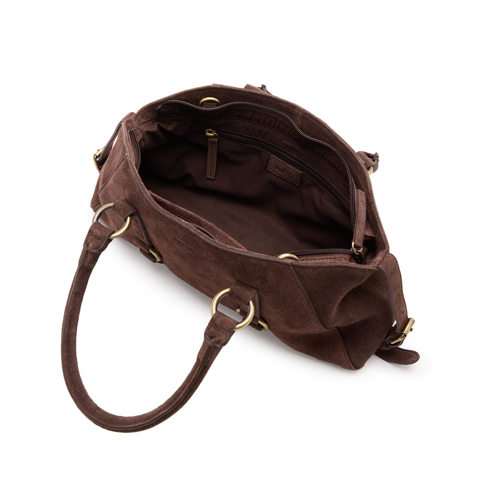 Dunkelbraune Veloursleder-Handtasche mit goldfarbenen Ringen