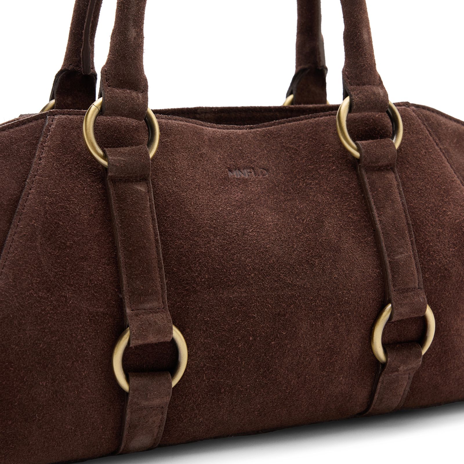Dunkelbraune Veloursleder-Handtasche mit goldfarbenen Ringen