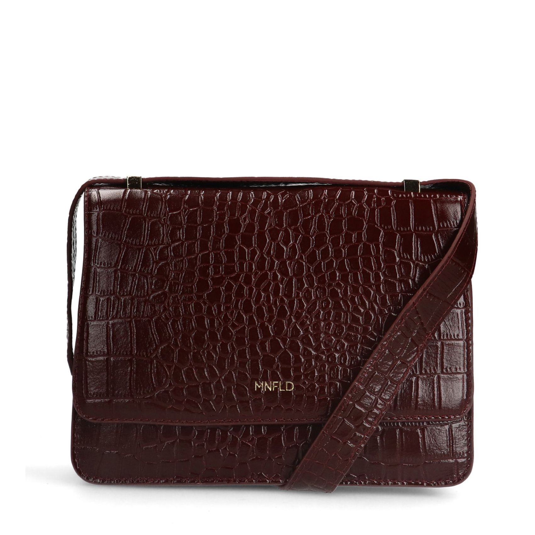 Bordeauxrote Schultertasche aus Lackleder mit Krokomuster