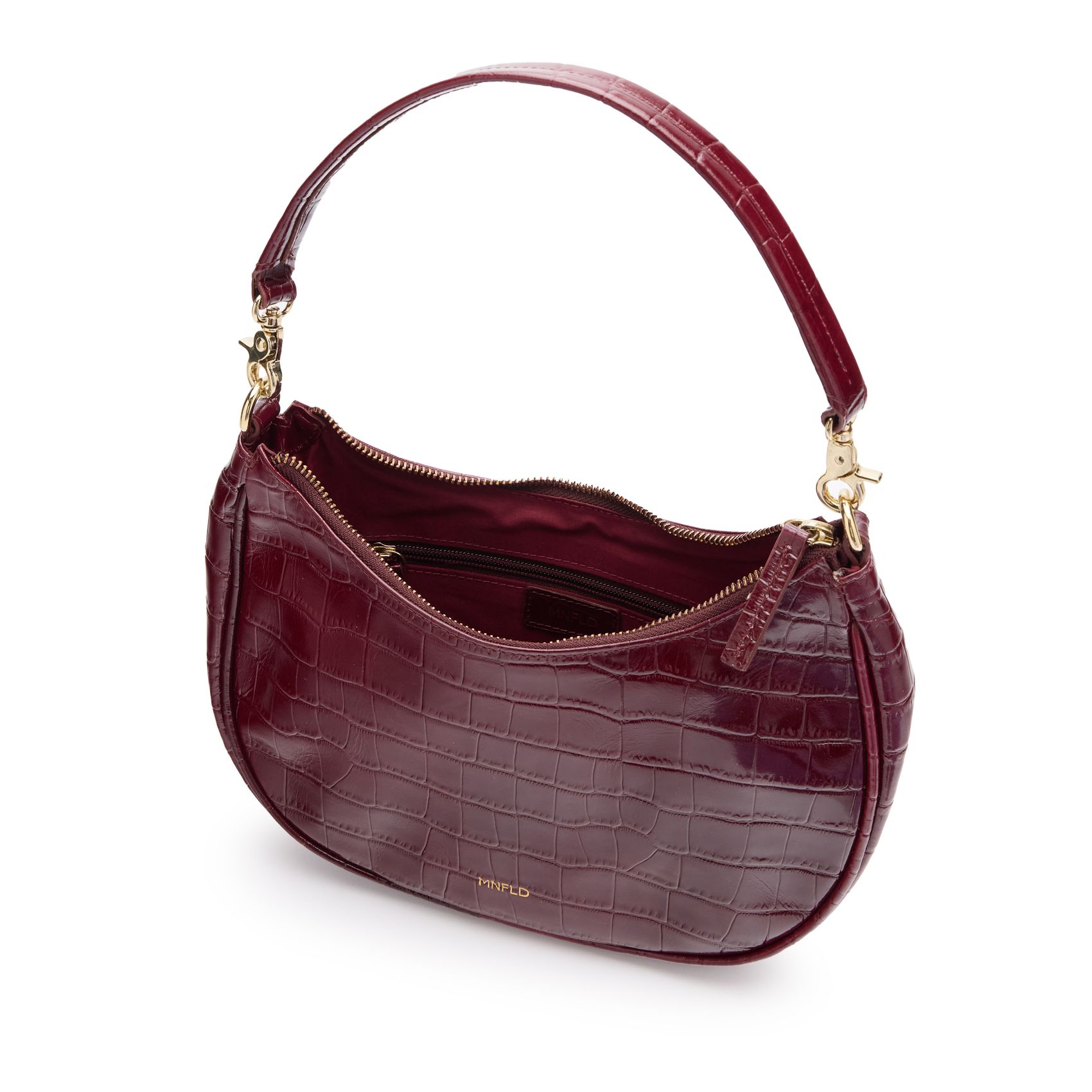 Bordeauxrote Leder-Schultertasche mit Krokomuster