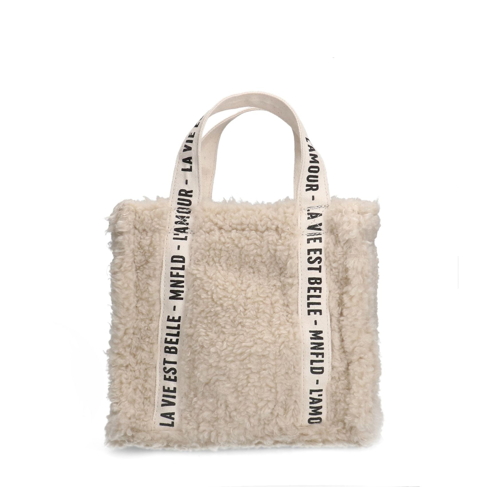 Beigefarbener Mini-Shopper in Teddy-Optik