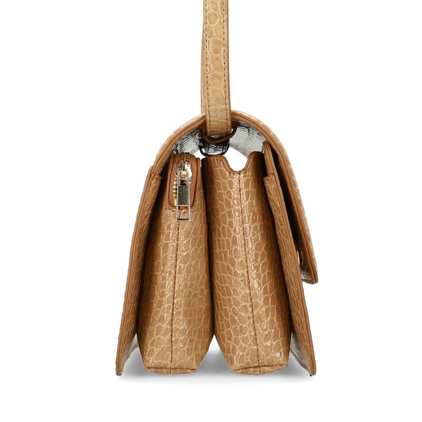 Beigefarbene Schultertasche mit Krokomuster