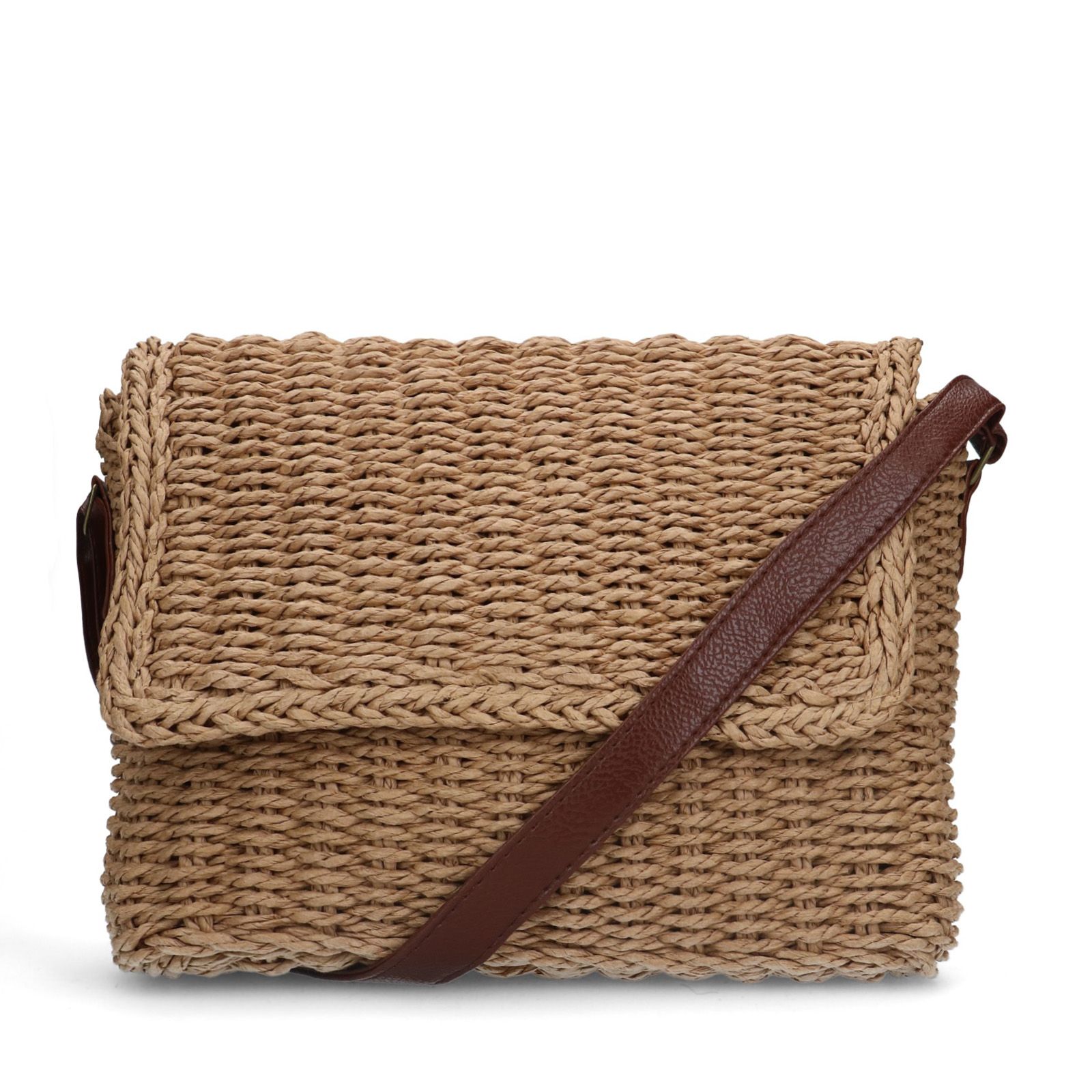 Beige raffia schoudertas