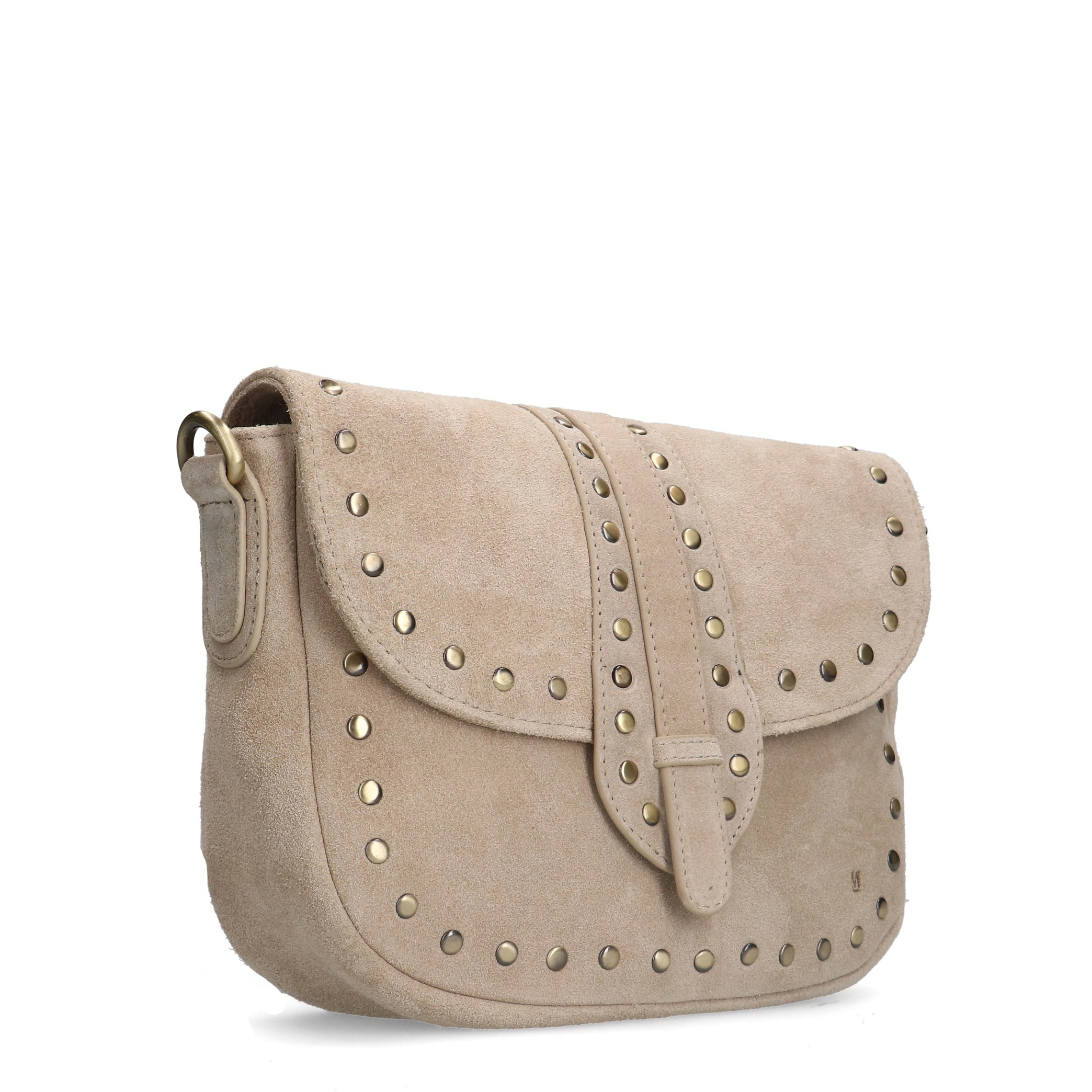 Beigefarbene Veloursleder-Schultertasche mit goldfarbenen Nieten 