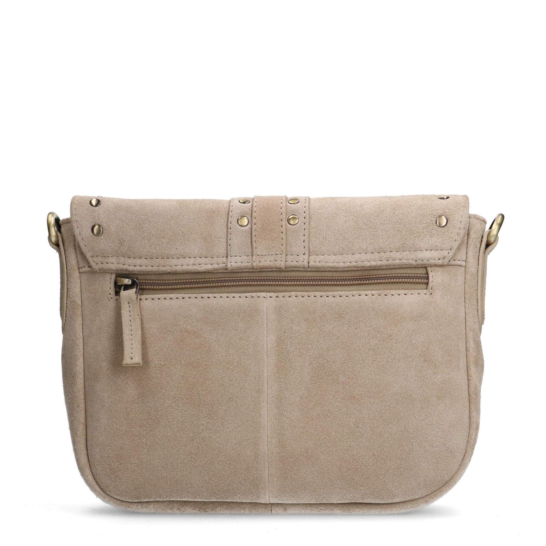 Beigefarbene Veloursleder-Schultertasche mit goldfarbenen Nieten 