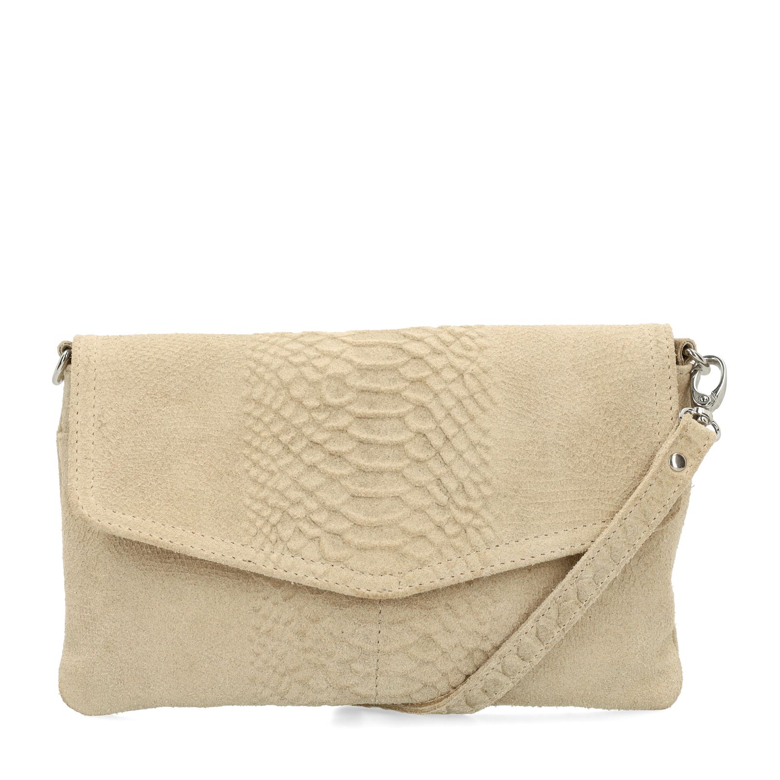 Beigefarbene Veloursleder-Clutch mit Krokomuster