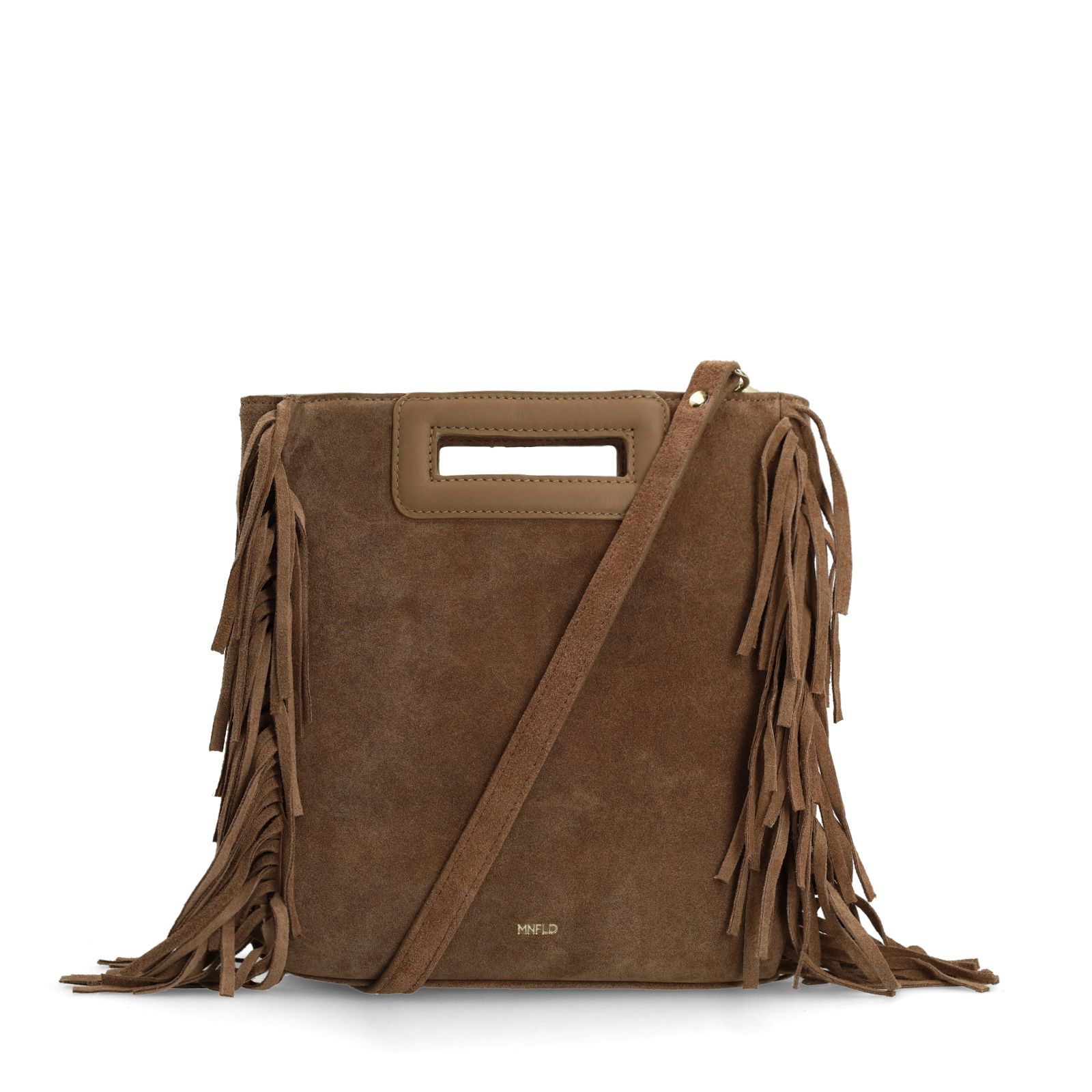 Taupe suède handtas met franjes
