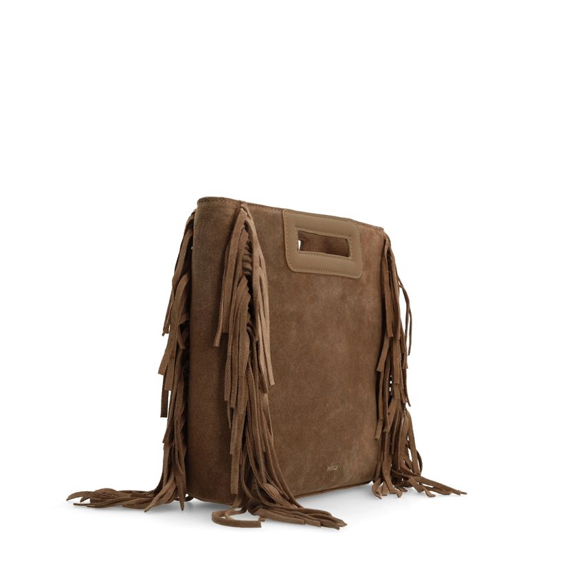 Taupefarbene Veloursleder-Handtasche mit Fransen