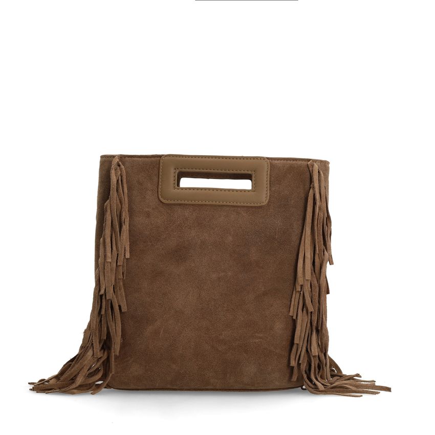Taupe suède handtas met franjes