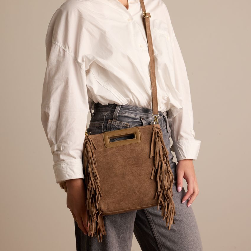 Taupefarbene Veloursleder-Handtasche mit Fransen