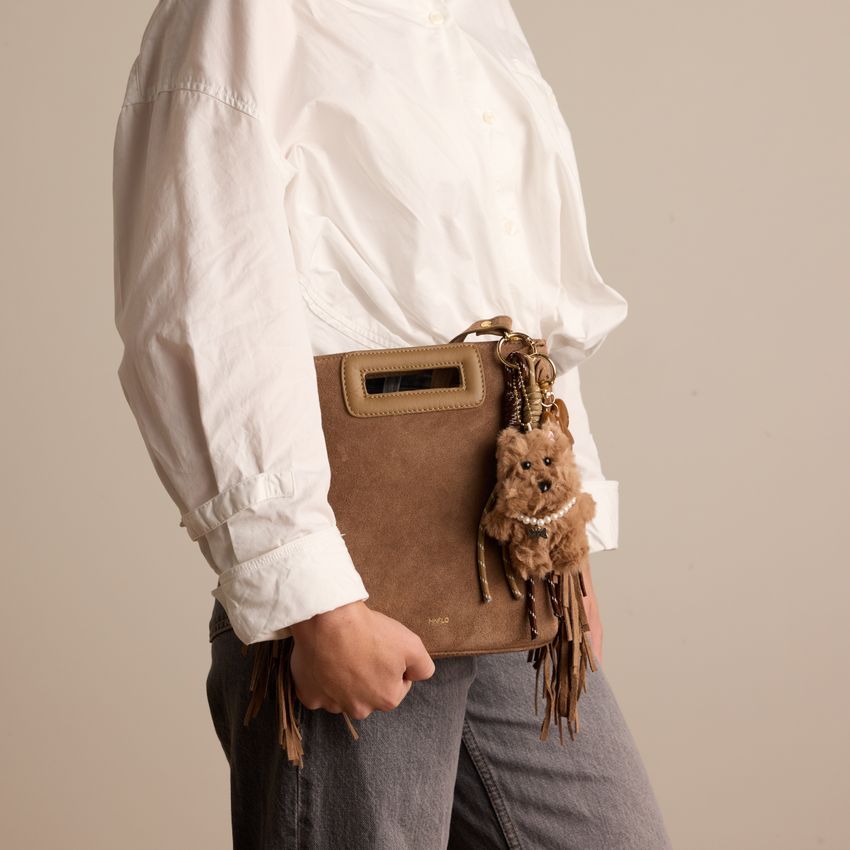 Taupefarbene Veloursleder-Handtasche mit Fransen