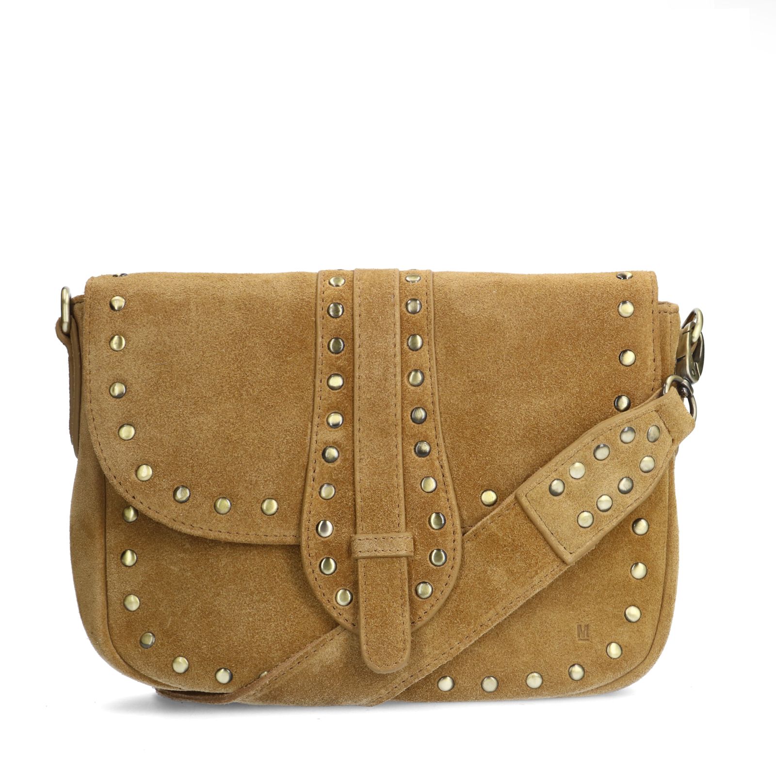 Cognac suède schoudertas met gouden studs