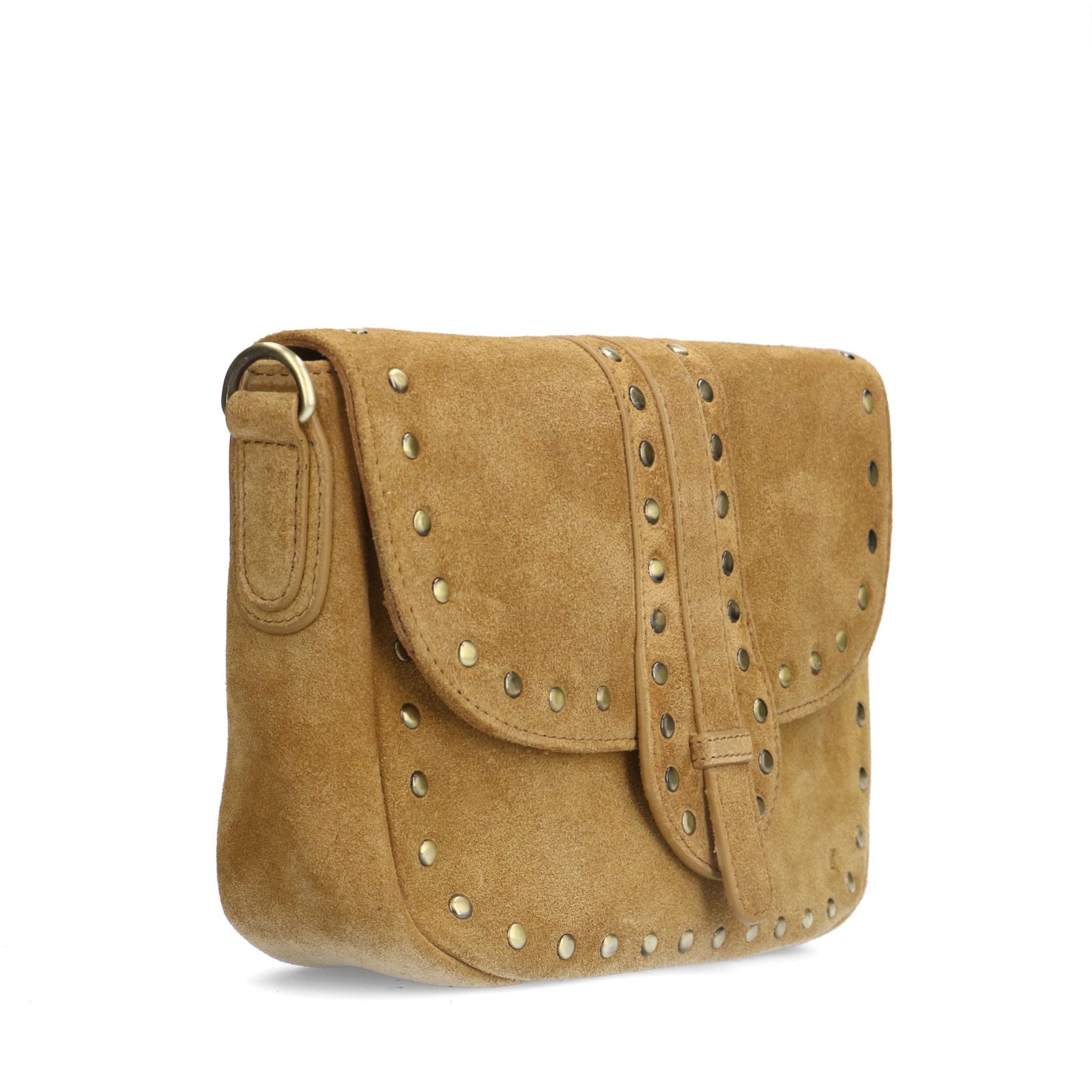 Cognac suède schoudertas met gouden studs