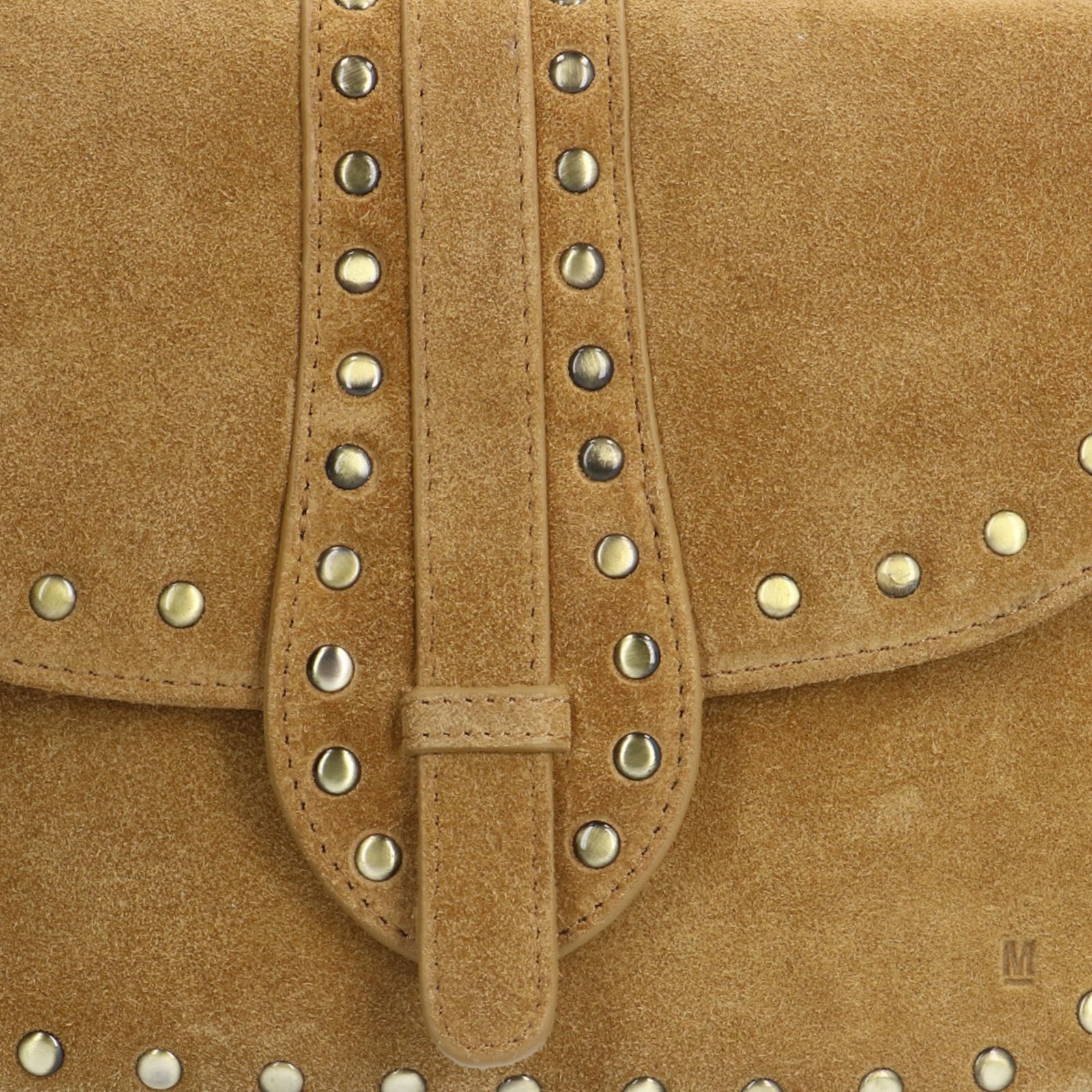 Cognac suède schoudertas met gouden studs