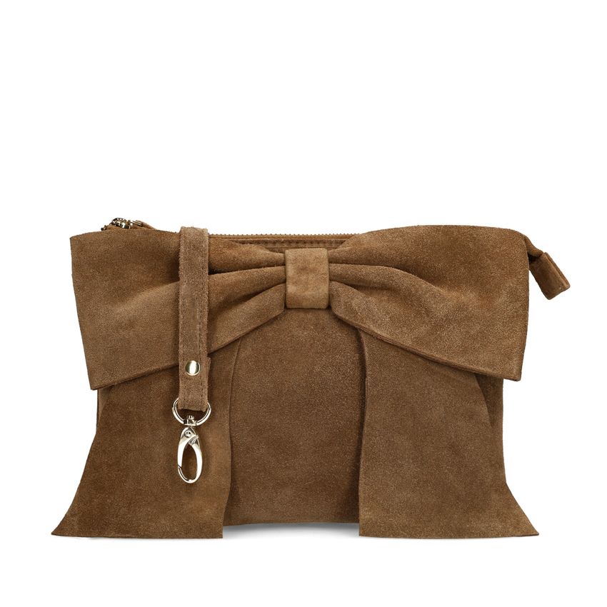 Taupe suède clutch met strik