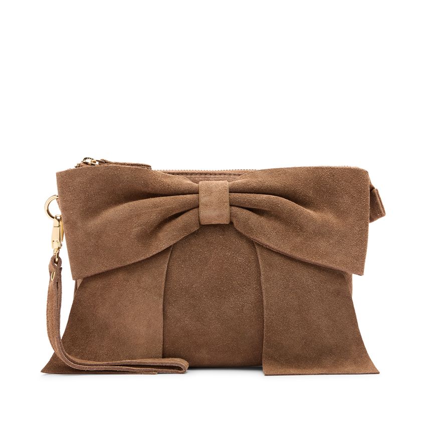 Taupe suède clutch met strik