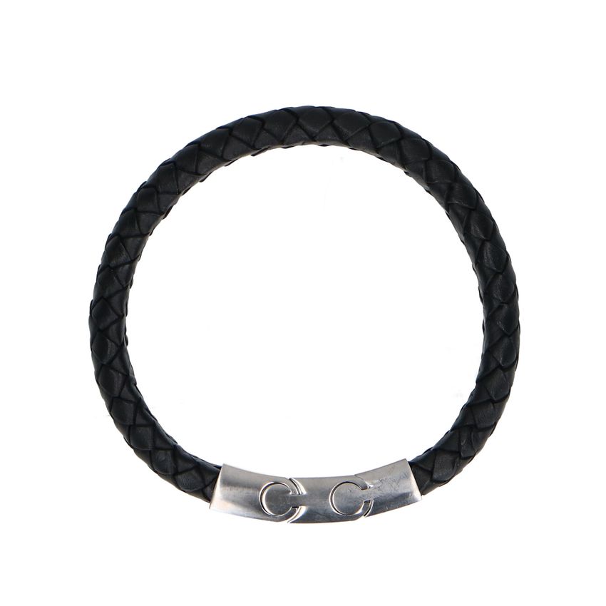 Zwarte leren gevlochten heren armband