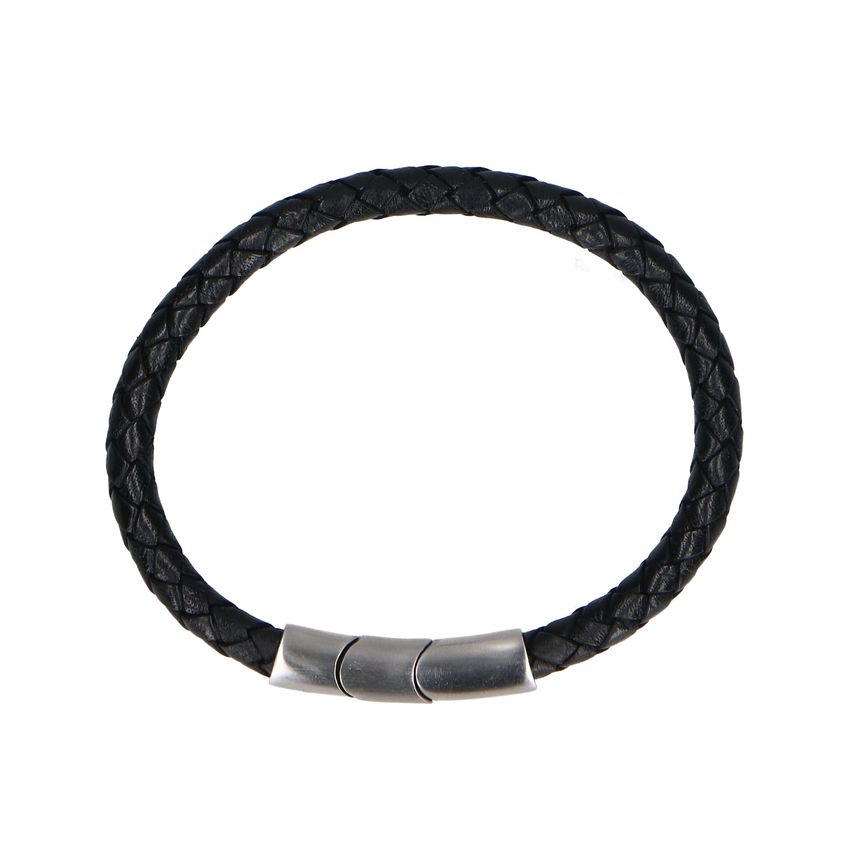 Zwarte leren gevlochten heren armband