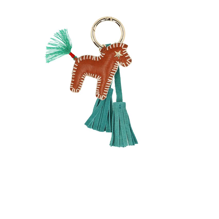 Cognac leren horse bag charms met groene details
