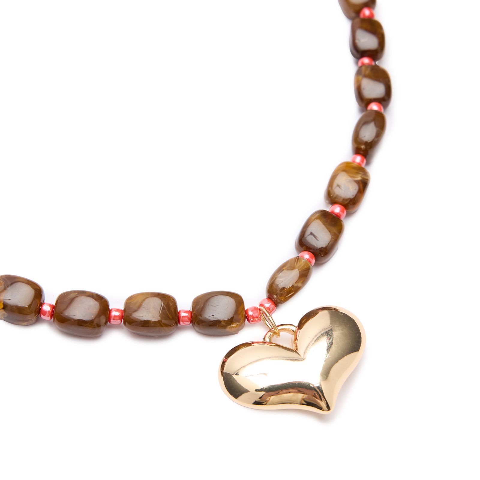 Bruine kralenketting met gouden hartje