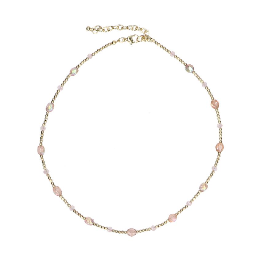 Goudkleurige kralenketting met roze details