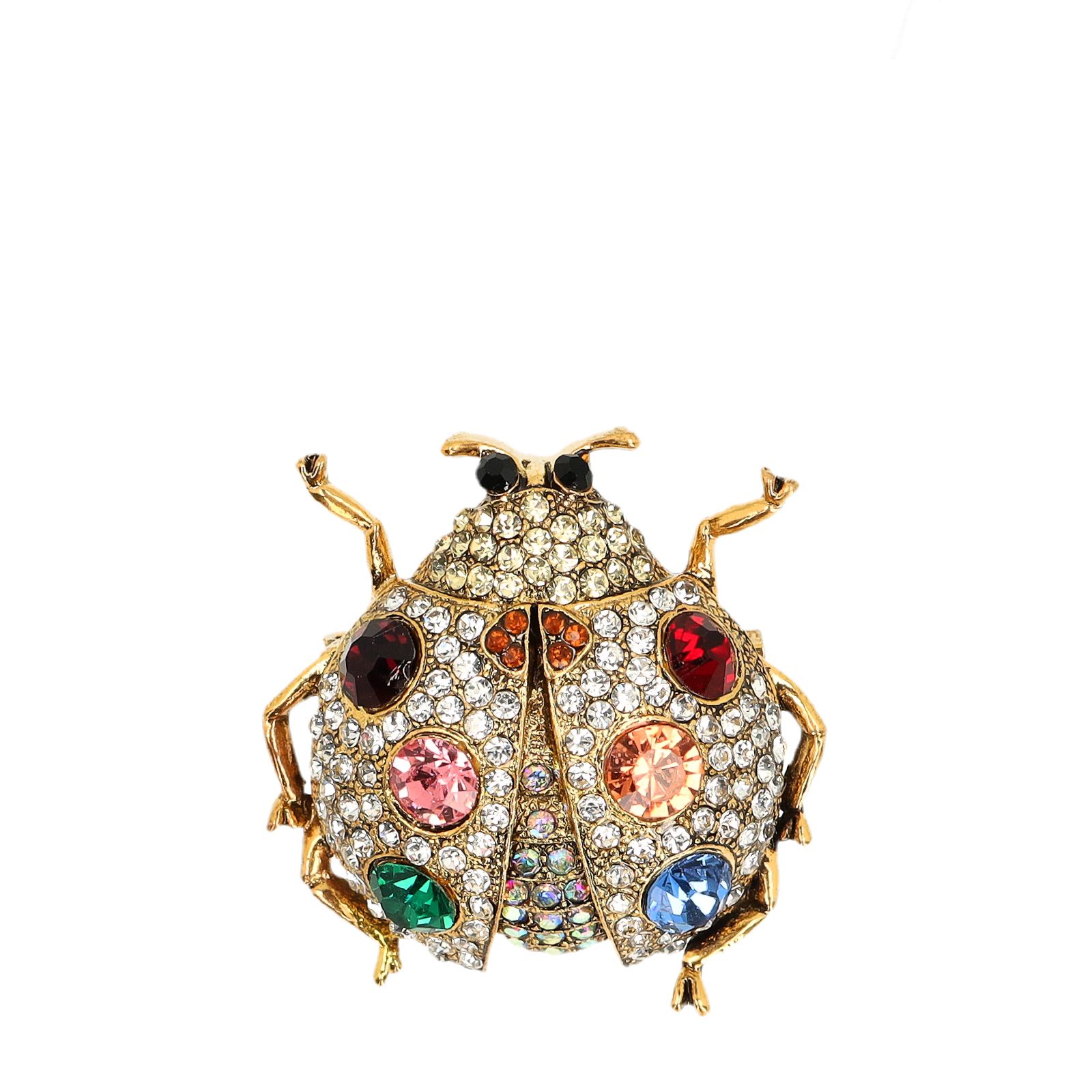 Goudkleurige kever broche met multicolor diamantjes