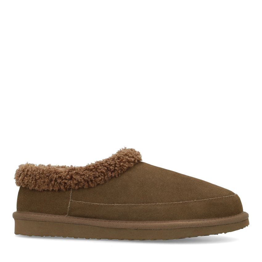 Dunkelbraune Veloursleder-Pantoffeln mit synthetischem Wollfutter