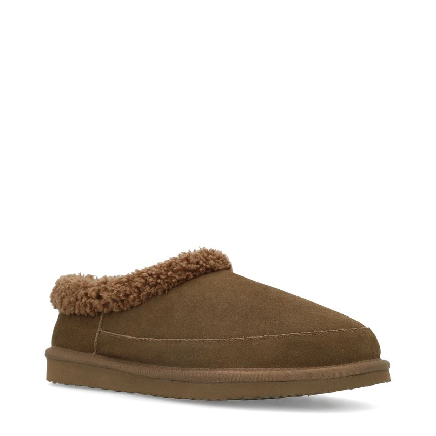 Donkerbruine suède pantoffels met imitatie wol