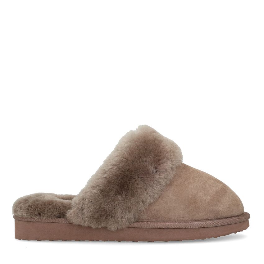 Taupefarbene Veloursleder-Pantoffeln