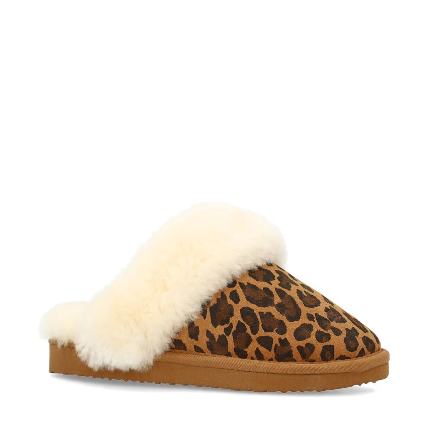 Beige leopard pantoffels met bontvoering