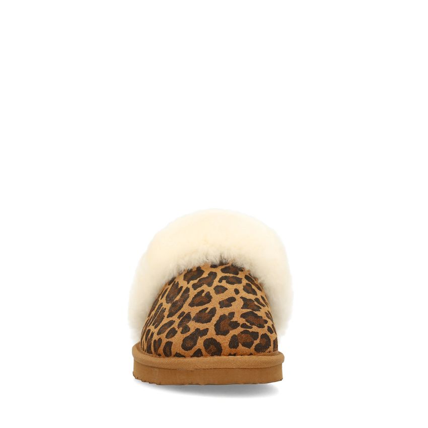 Beige leopard pantoffels met bontvoering