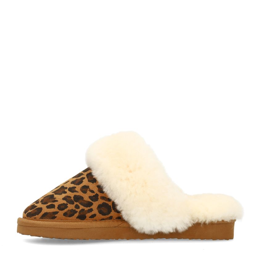 Beige leopard pantoffels met bontvoering